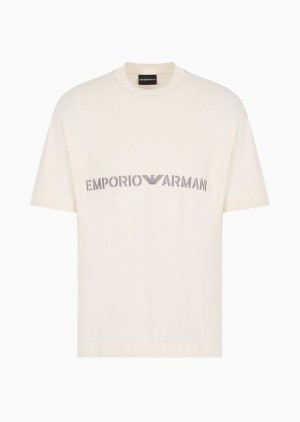 White Logo Emporio Armani Heavyweight Jersey T-shirt With Logo Embroidery In A Military Font | EA-SN58648