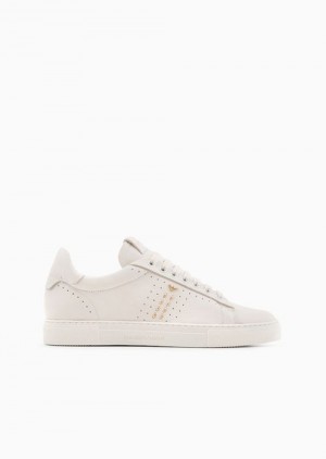 White Logo Emporio Armani Leather Sneakers With Studs And Perforated Motif | EA-SN57202