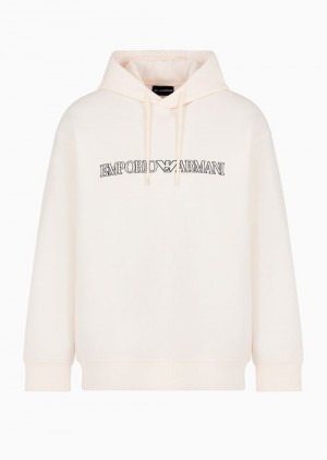 White Logo Emporio Armani Oversized Double-jersey Hooded Sweatshirt With Logo Embroidery Trim | EA-SN58548