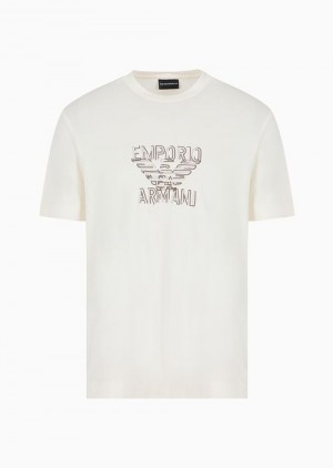 White Logo Emporio Armani Pima Jersey T-shirt With Logo Embroidery | EA-SN58599