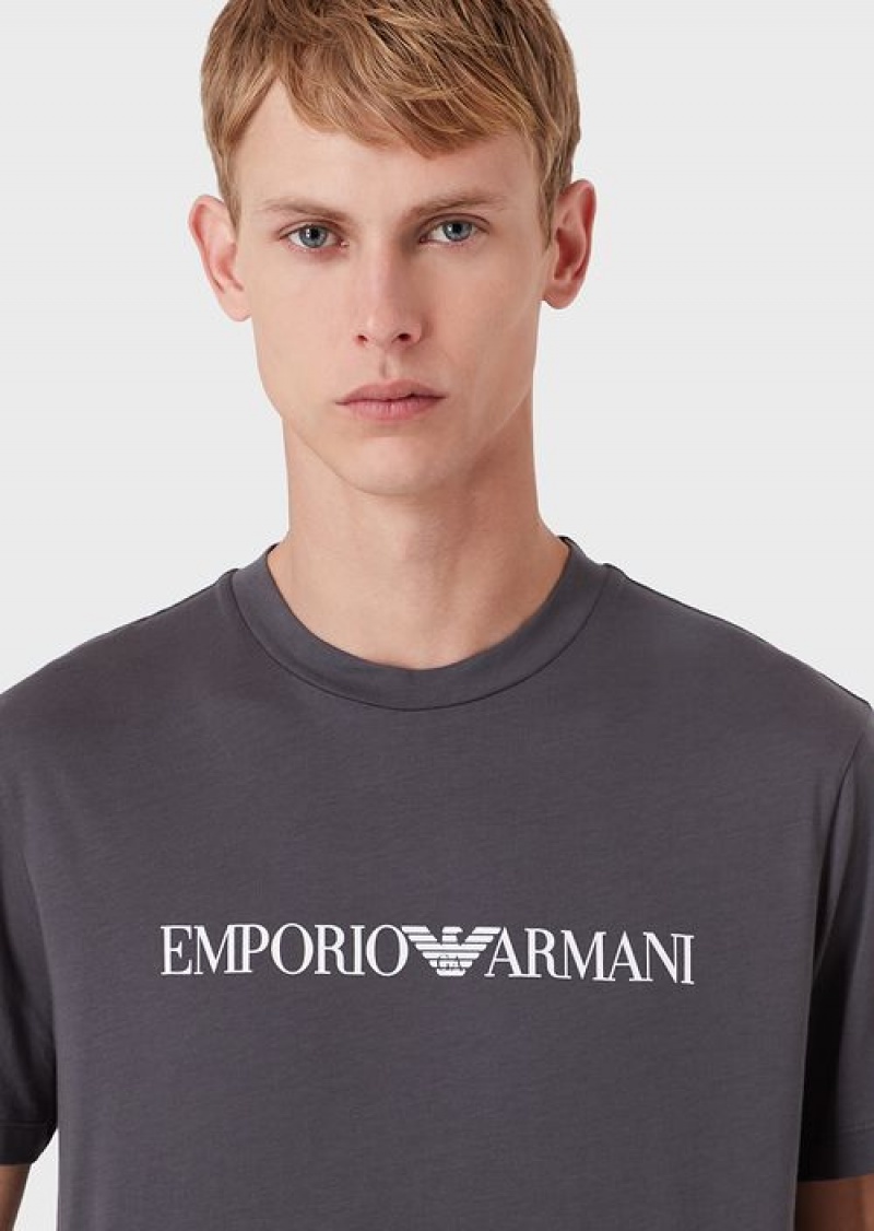 Anthracite Emporio Armani Pima-jersey T-shirt With Logo Print | EA-SN58707