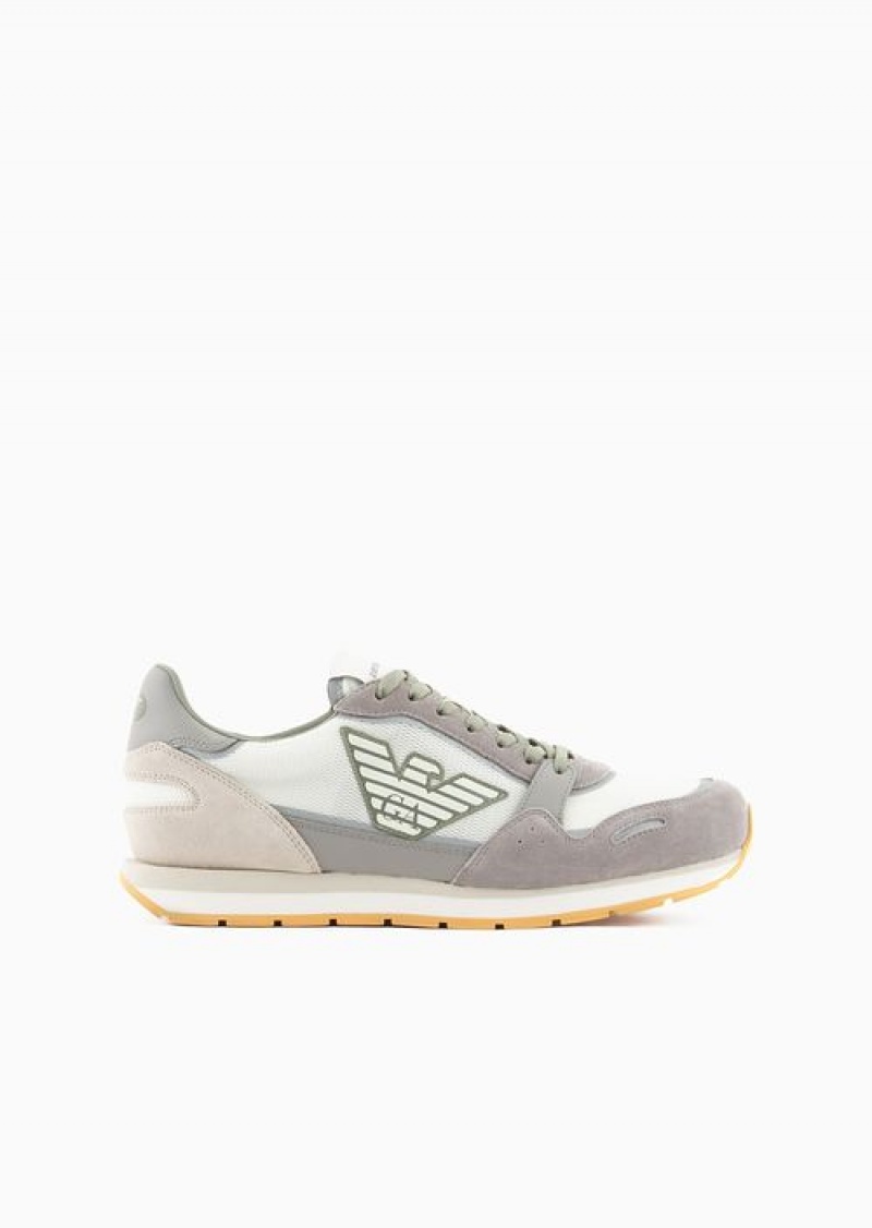 Avorio Emporio Armani Mesh Sneakers With Suede Details And Eagle Patch | EA-SN58992