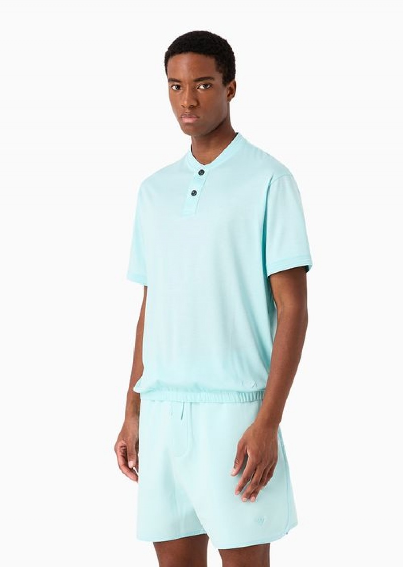 Azure Emporio Armani Asv Lyocell-blend Jersey T-shirt With Grandad Collar | EA-SN58434