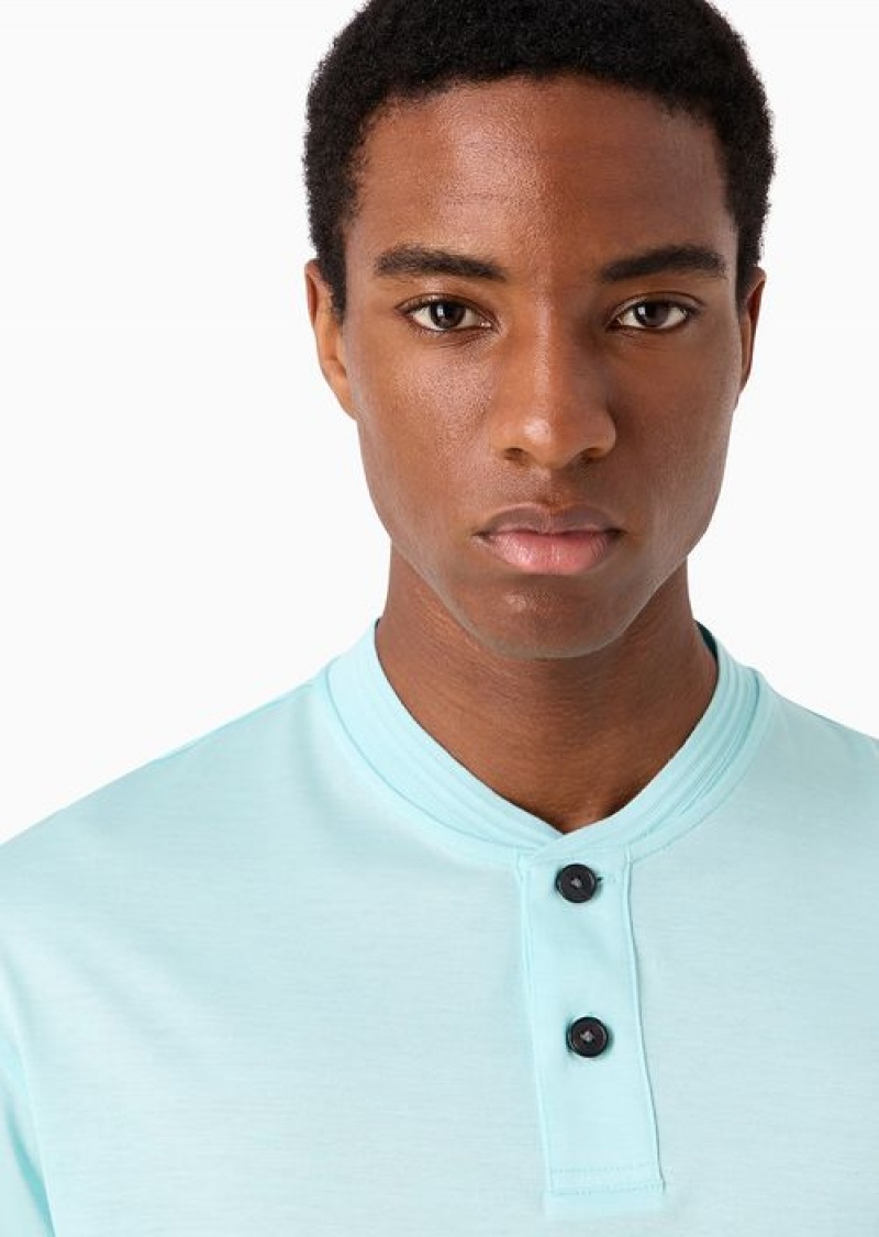 Azure Emporio Armani Asv Lyocell-blend Jersey T-shirt With Grandad Collar | EA-SN58434