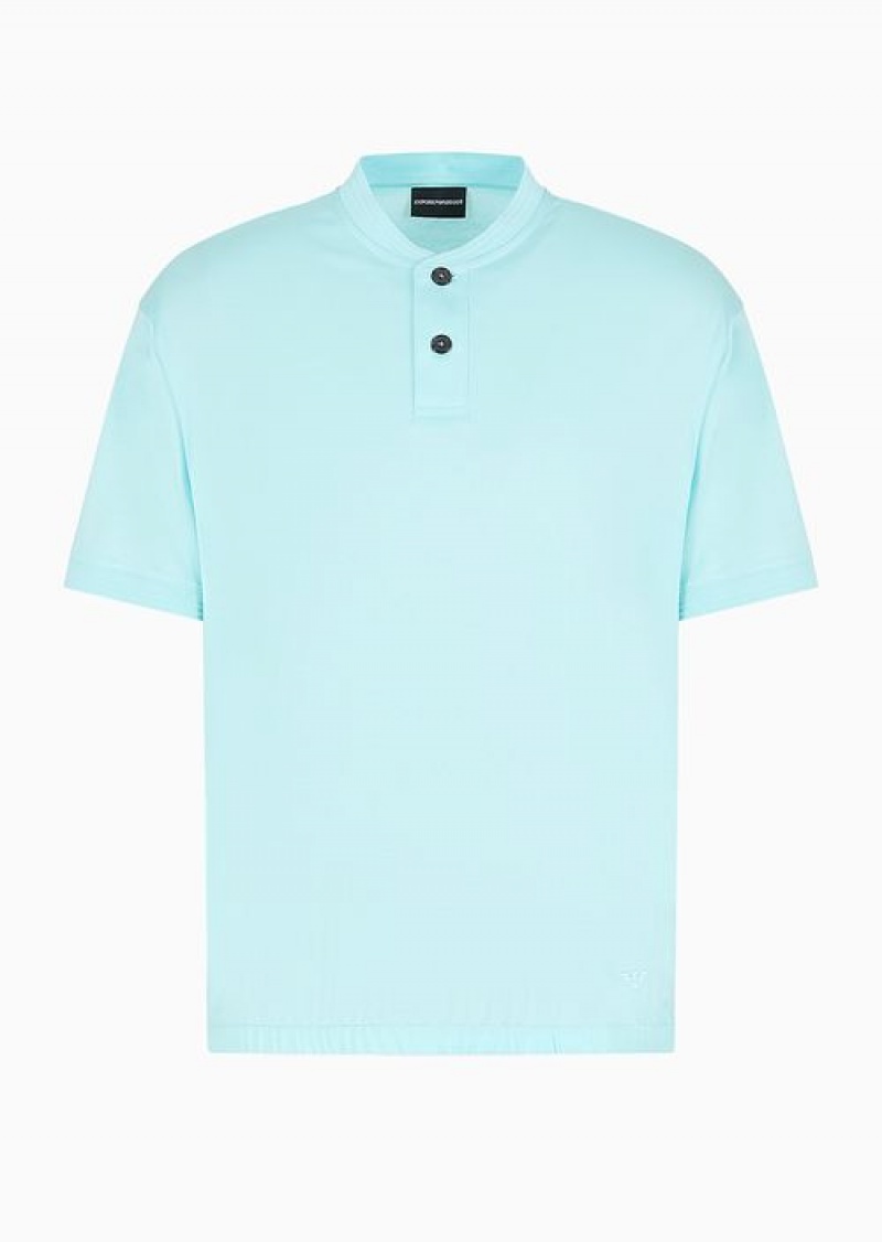 Azure Emporio Armani Asv Lyocell-blend Jersey T-shirt With Grandad Collar | EA-SN58434