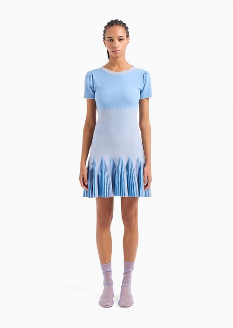 Azure Emporio Armani Checked Ottoman Dress With Pleated Skirt | EA-SN56556