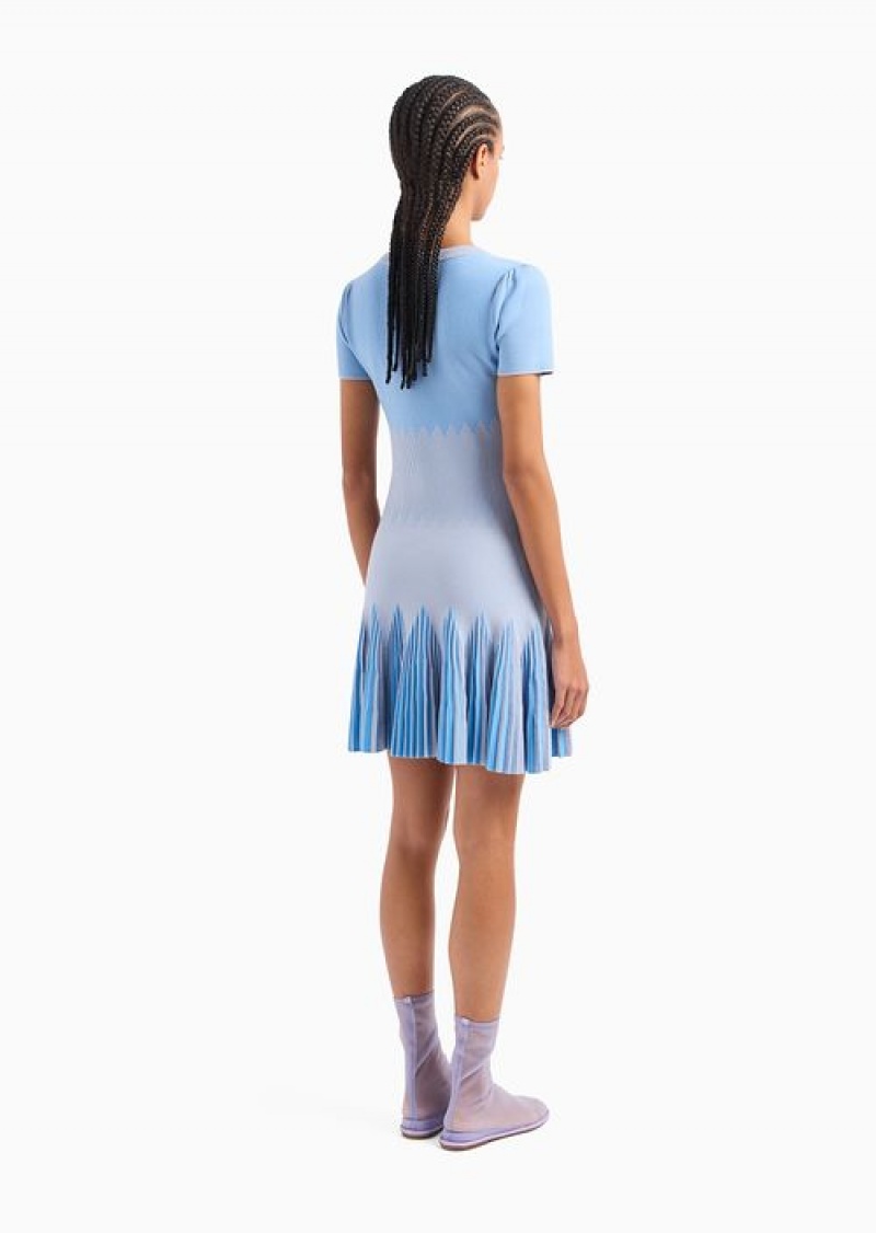 Azure Emporio Armani Checked Ottoman Dress With Pleated Skirt | EA-SN56556