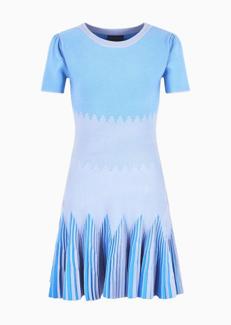 Azure Emporio Armani Checked Ottoman Dress With Pleated Skirt | EA-SN56556