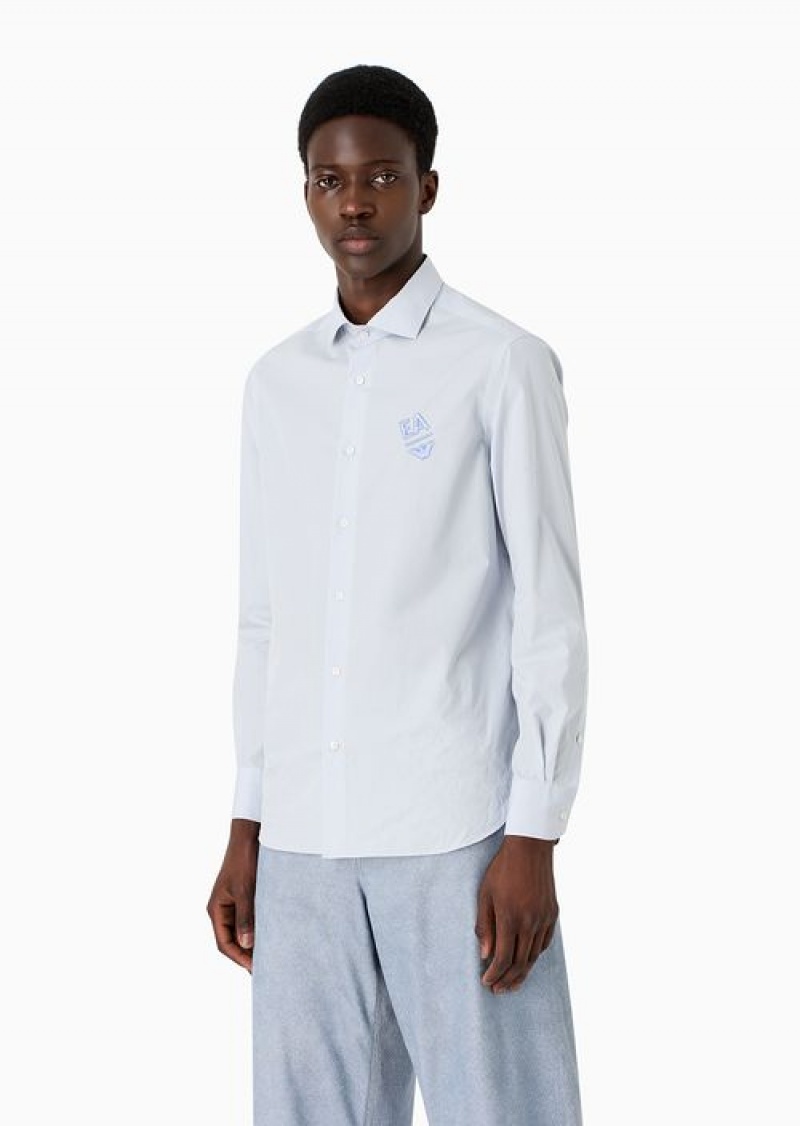 Azure Emporio Armani Cotton Poplin Shirt With Embossed Ea Embroidery | EA-SN57873