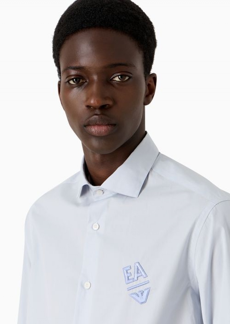 Azure Emporio Armani Cotton Poplin Shirt With Embossed Ea Embroidery | EA-SN57873