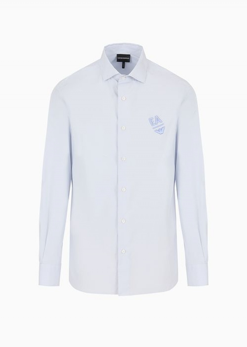 Azure Emporio Armani Cotton Poplin Shirt With Embossed Ea Embroidery | EA-SN57873