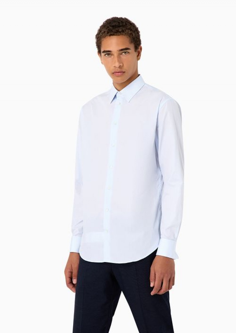 Azure Emporio Armani Cotton-poplin Shirt With Classic Collar | EA-SN57909