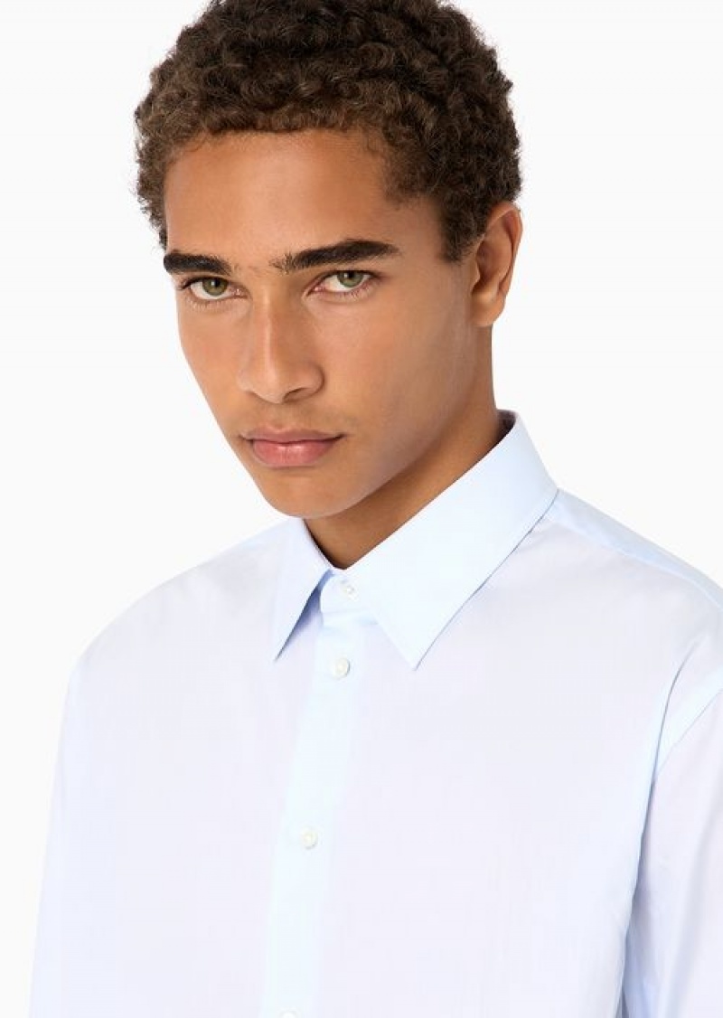 Azure Emporio Armani Cotton-poplin Shirt With Classic Collar | EA-SN57909