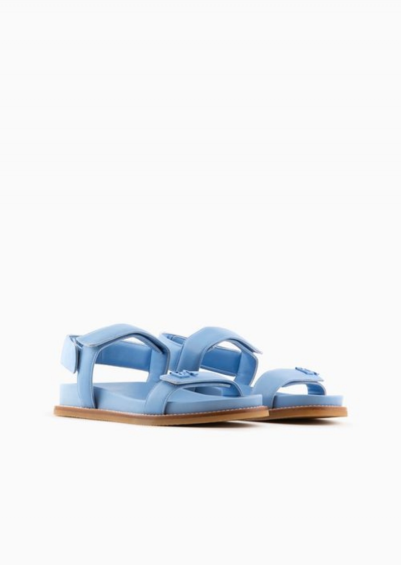 Azure Emporio Armani Double-band Sandals In Nappa Leather With Ea Logo | EA-SN57172