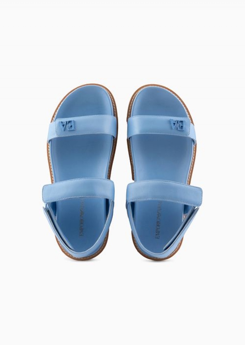 Azure Emporio Armani Double-band Sandals In Nappa Leather With Ea Logo | EA-SN57172