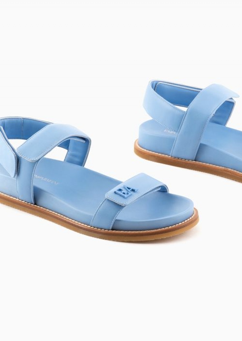 Azure Emporio Armani Double-band Sandals In Nappa Leather With Ea Logo | EA-SN57172