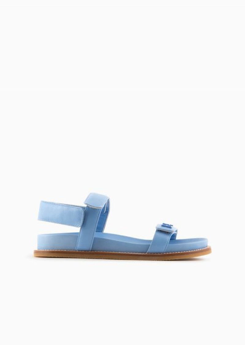 Azure Emporio Armani Double-band Sandals In Nappa Leather With Ea Logo | EA-SN57172