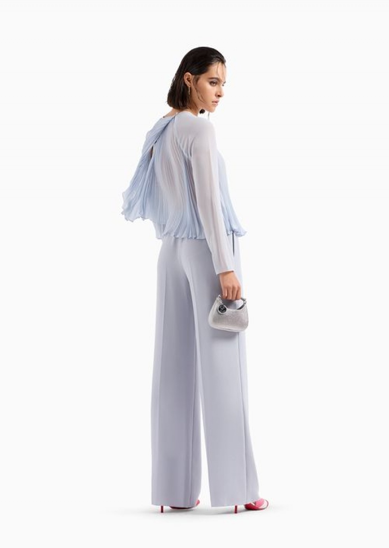 Azure Emporio Armani Frisottino Palazzo Trousers With Elasticated Waist | EA-SN56844