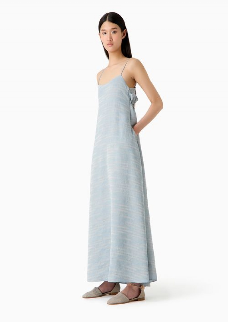 Azure Emporio Armani Icon Linen-blend Dress With Wavy Jacquard Motif | EA-SN56558