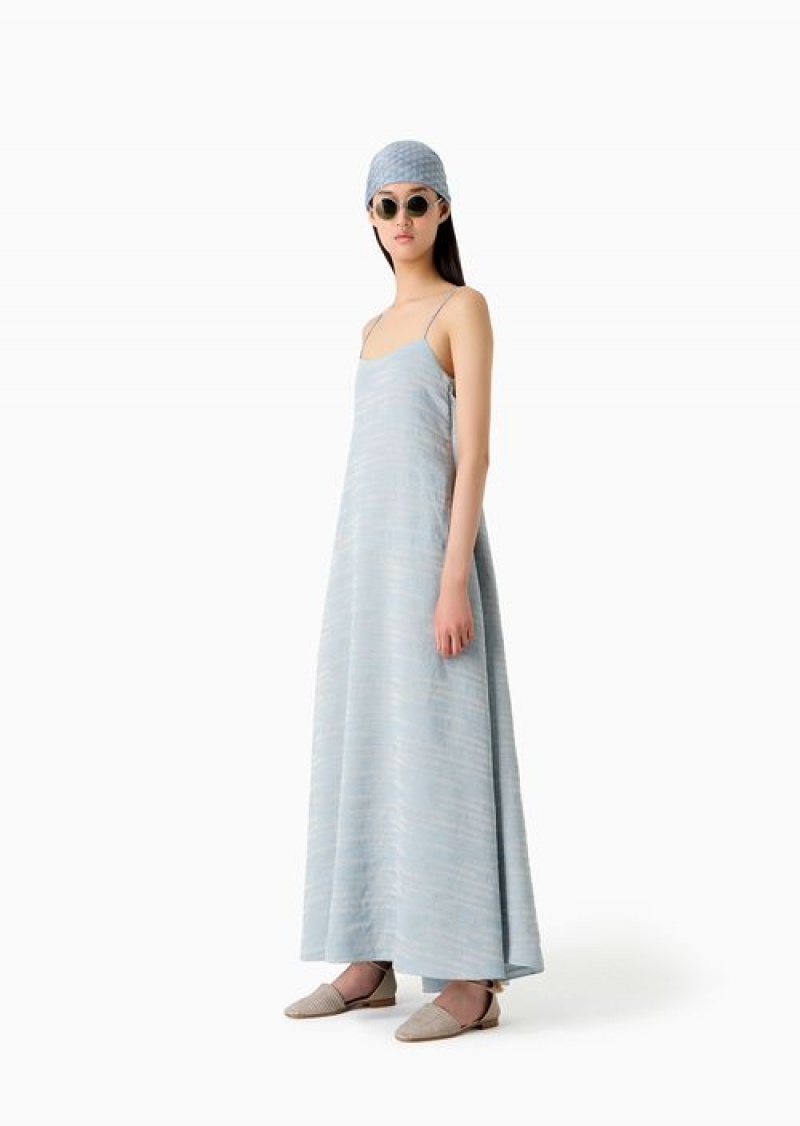 Azure Emporio Armani Icon Linen-blend Dress With Wavy Jacquard Motif | EA-SN56558