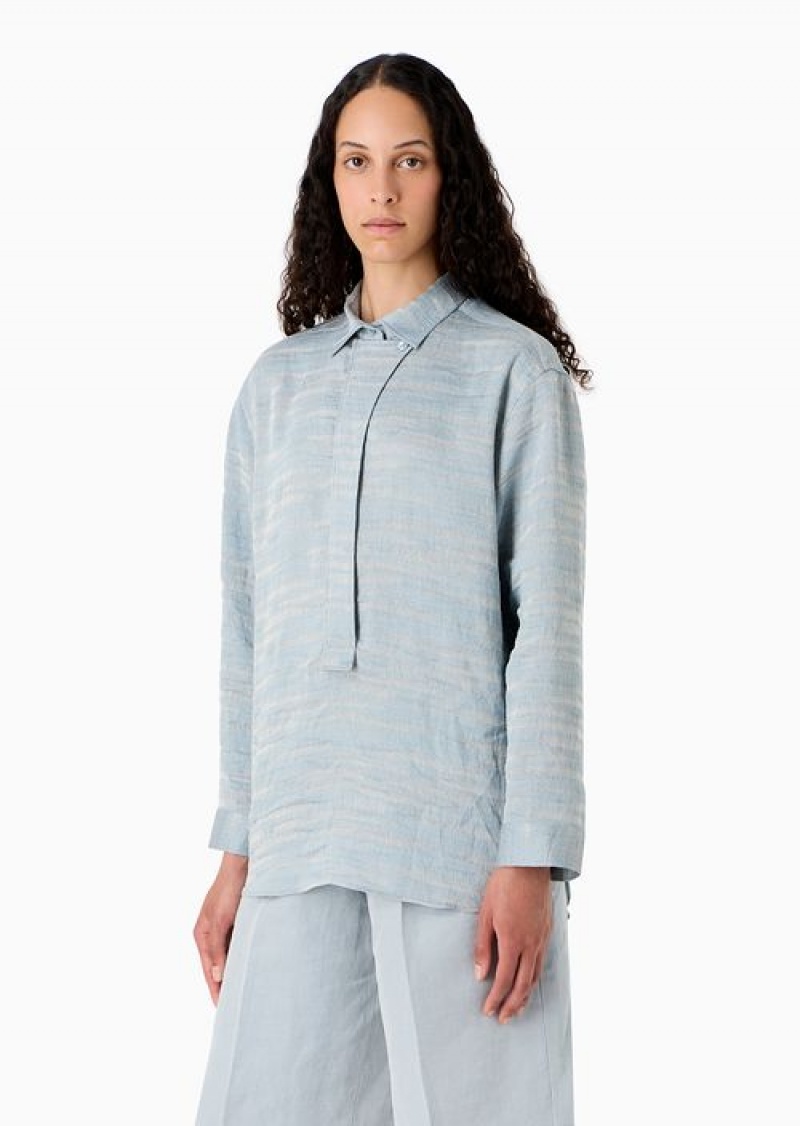 Azure Emporio Armani Icon Linen-blend Shirt With Wavy Jacquard Motif | EA-SN56979