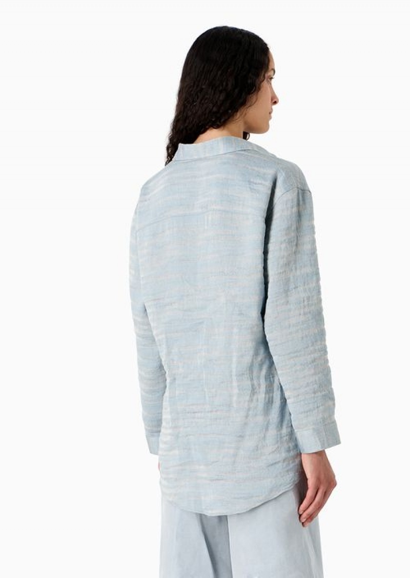 Azure Emporio Armani Icon Linen-blend Shirt With Wavy Jacquard Motif | EA-SN56979