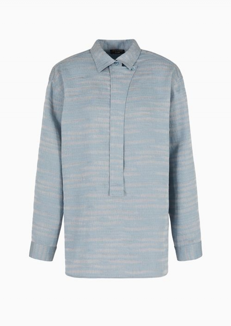 Azure Emporio Armani Icon Linen-blend Shirt With Wavy Jacquard Motif | EA-SN56979