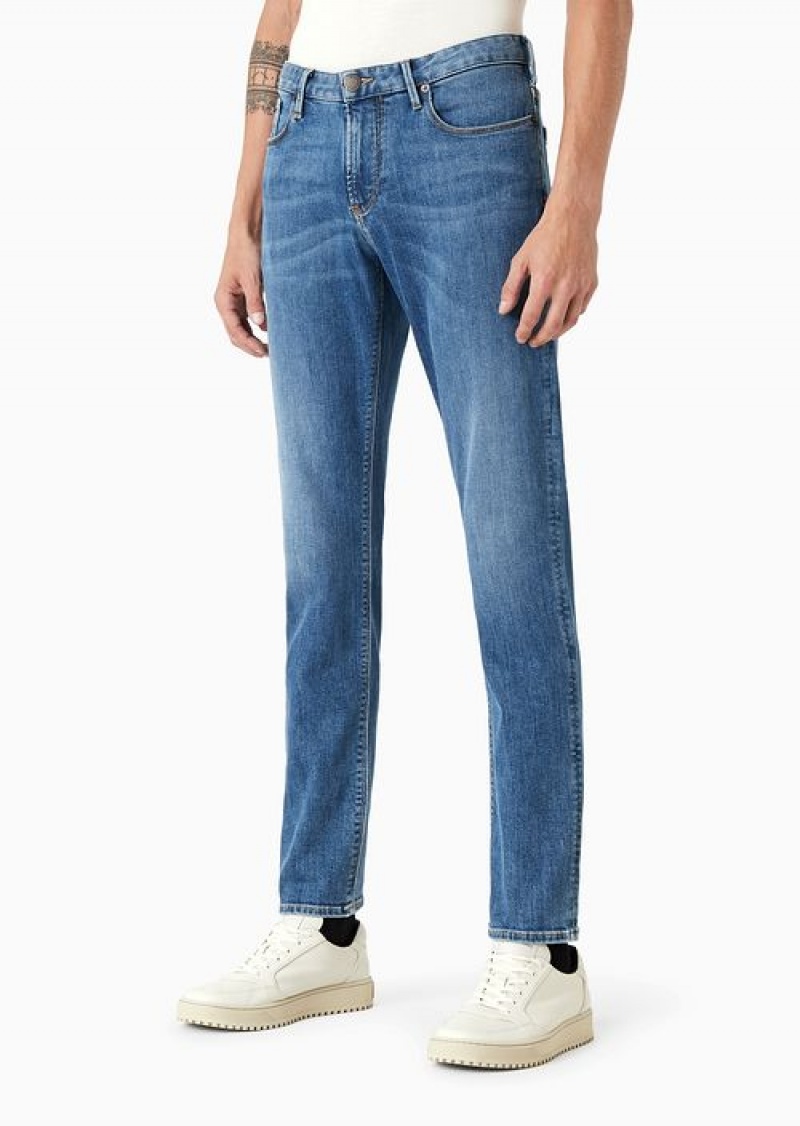 Azure Emporio Armani J06 Slim-fit, Washed, 11.5 Oz Comfort-denim Jeans | EA-SN58012