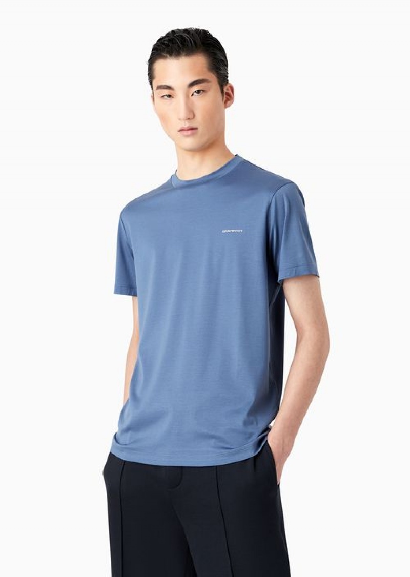 Azure Emporio Armani Lyocell-blend Jersey T-shirt With Asv Micro Logo Lettering | EA-SN58595