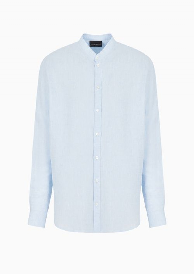 Azure Emporio Armani Modern-fit, Linen Chambray, Guru-collar Shirt | EA-SN57931