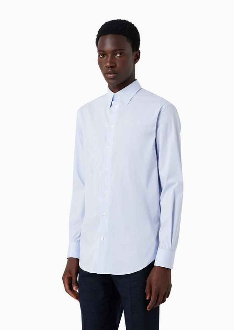 Azure Emporio Armani Modern-fit Shirt With Italian Collar In Stretch Cotton With Fine Jacquard Stripes | EA-SN57933