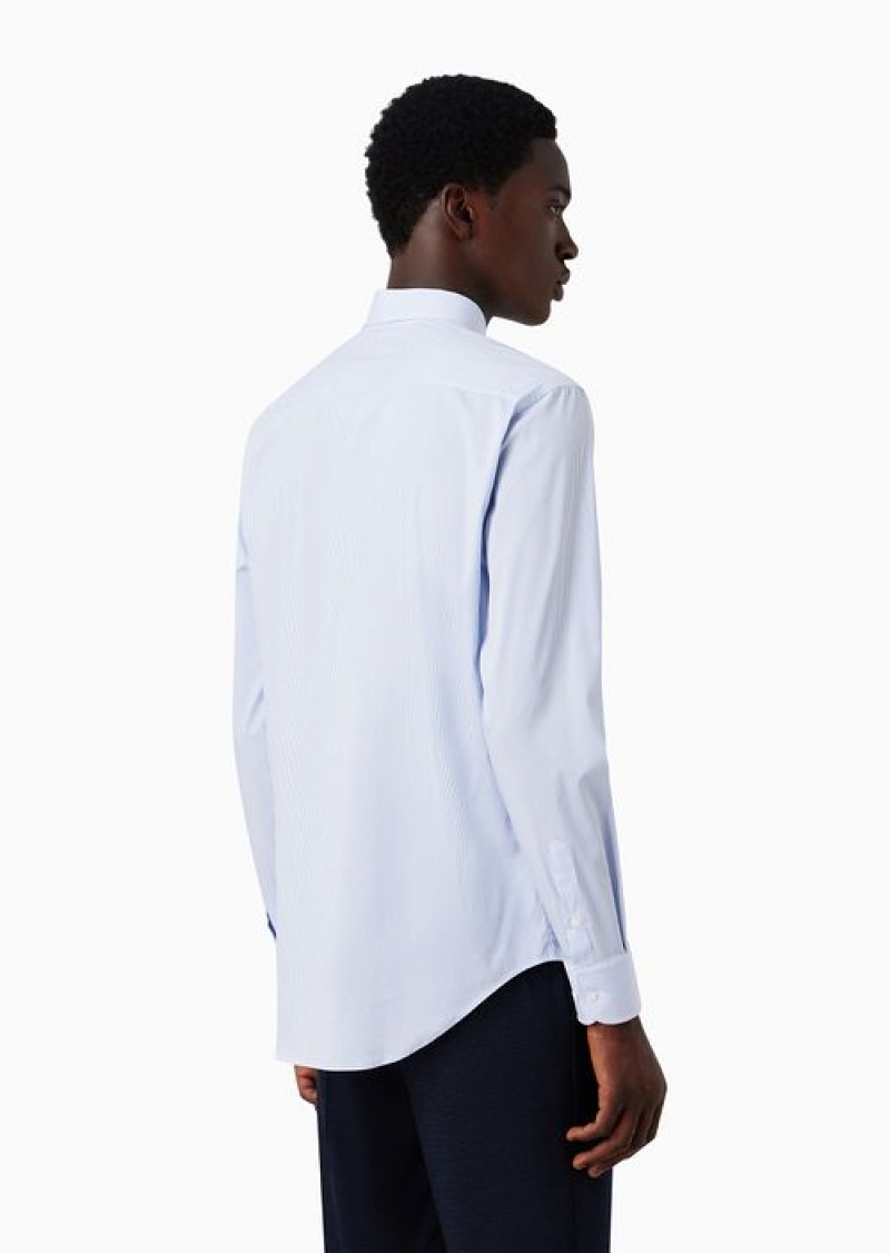 Azure Emporio Armani Modern-fit Shirt With Italian Collar In Stretch Cotton With Fine Jacquard Stripes | EA-SN57933