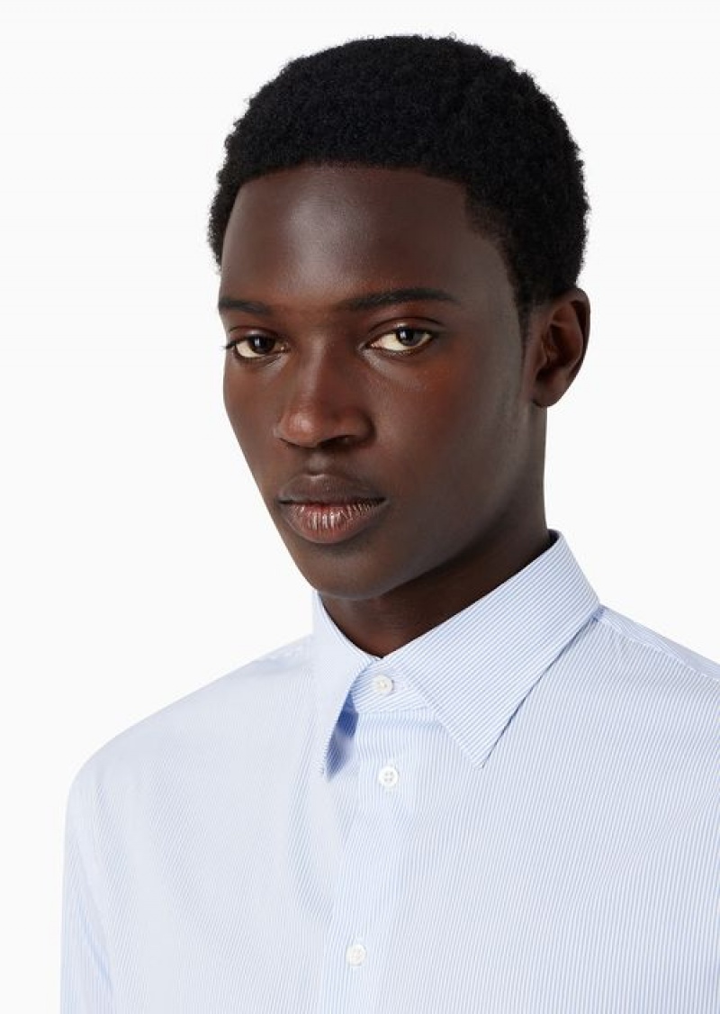 Azure Emporio Armani Modern-fit Shirt With Italian Collar In Stretch Cotton With Fine Jacquard Stripes | EA-SN57933