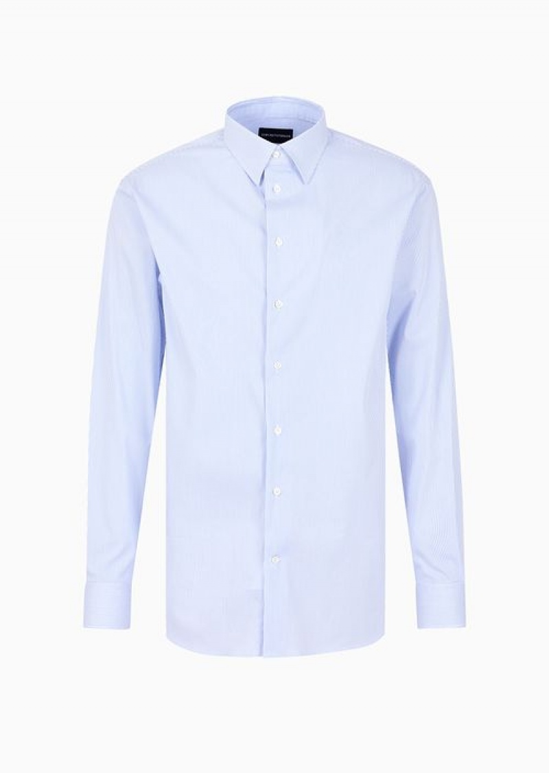 Azure Emporio Armani Modern-fit Shirt With Italian Collar In Stretch Cotton With Fine Jacquard Stripes | EA-SN57933