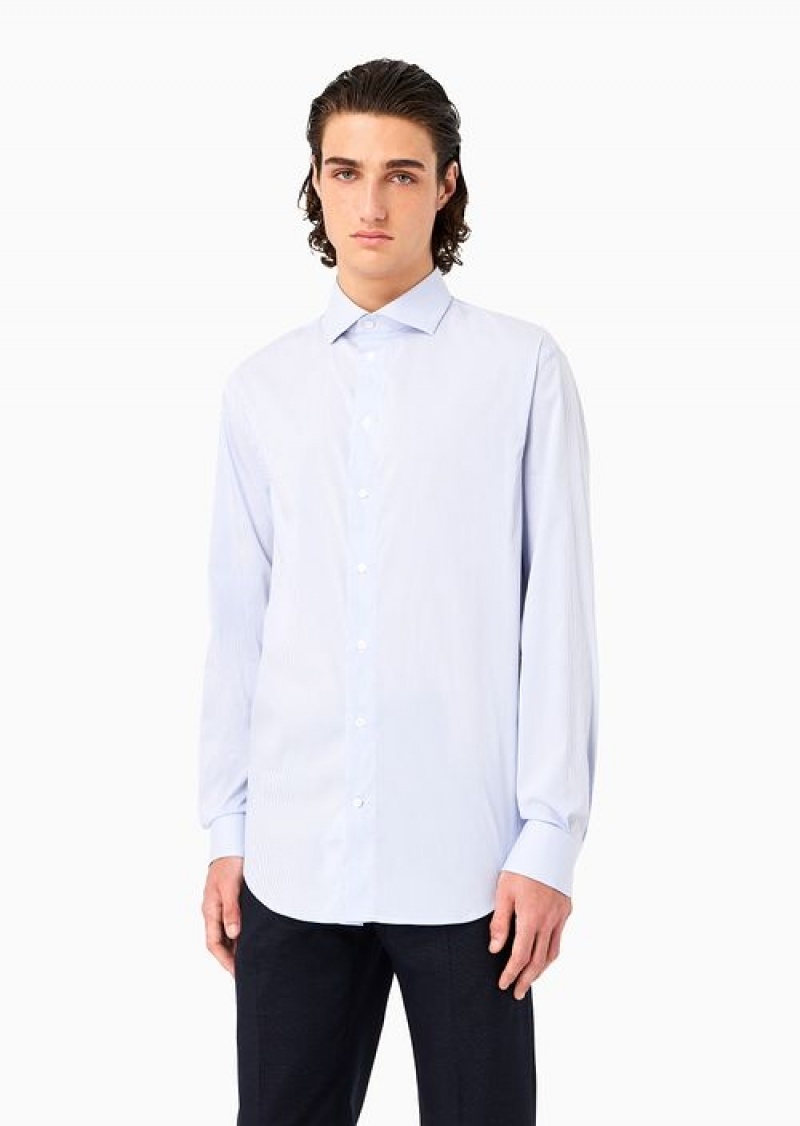 Azure Emporio Armani Modern-fit Shirt With French Collar, In Stretch Cotton With Fine Jacquard Stripes | EA-SN57934