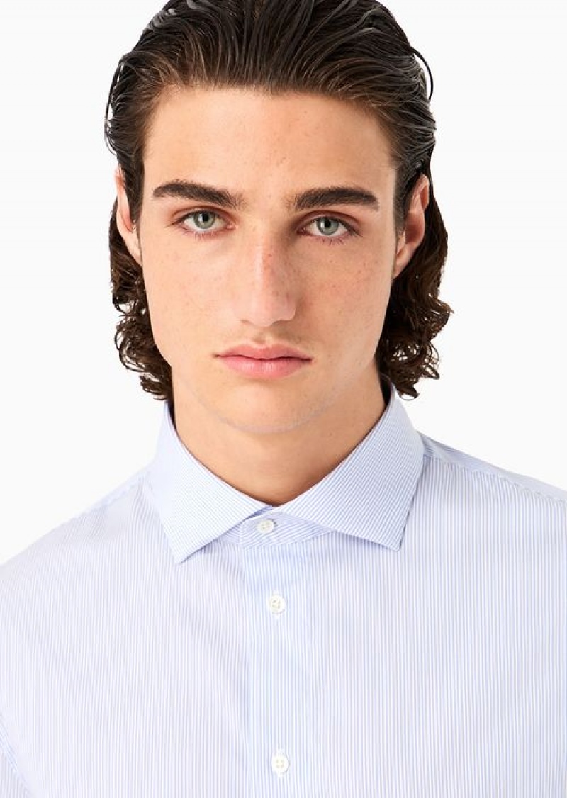 Azure Emporio Armani Modern-fit Shirt With French Collar, In Stretch Cotton With Fine Jacquard Stripes | EA-SN57934