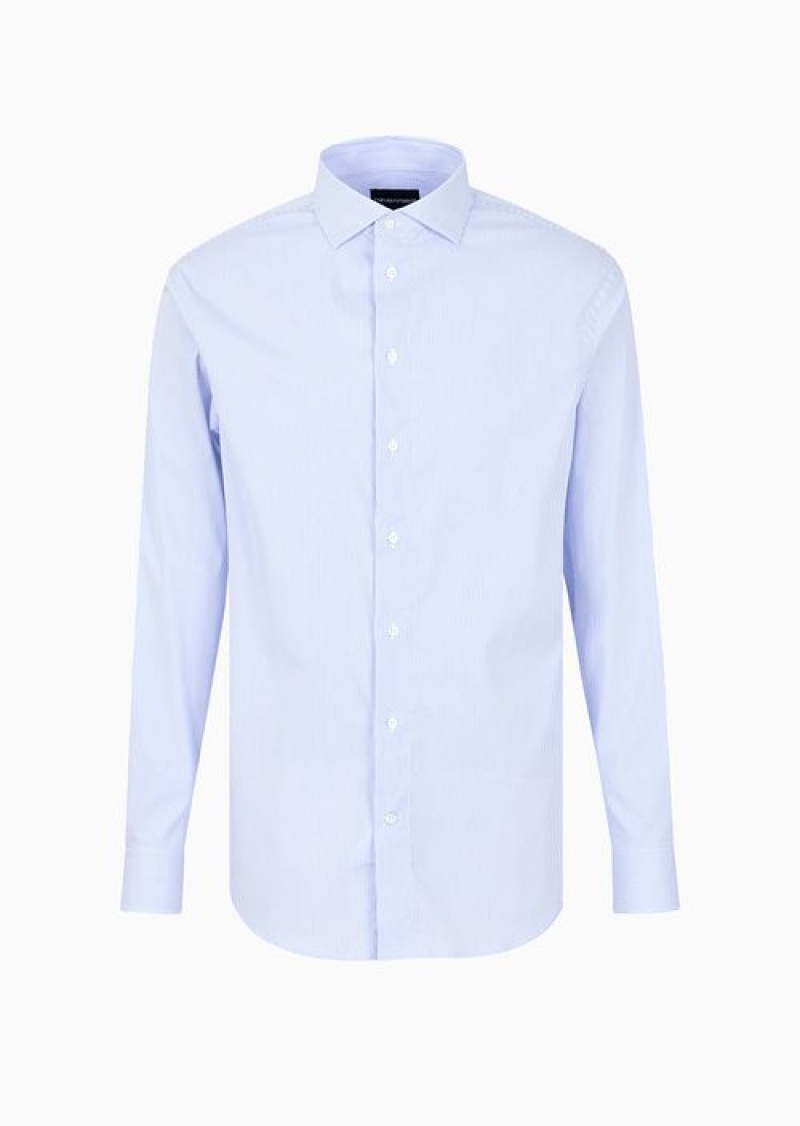 Azure Emporio Armani Modern-fit Shirt With French Collar, In Stretch Cotton With Fine Jacquard Stripes | EA-SN57934