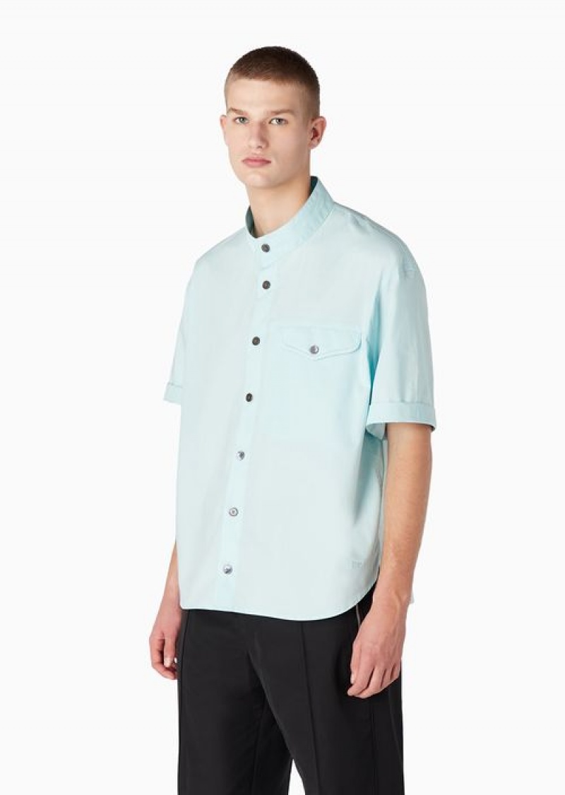 Azure Emporio Armani Pima Poplin Short-sleeved Shirt With Guru Collar | EA-SN57841