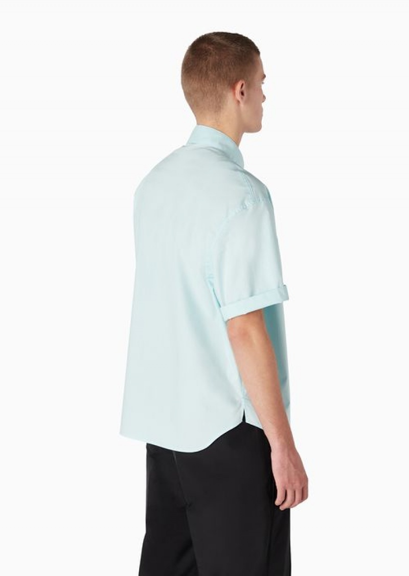 Azure Emporio Armani Pima Poplin Short-sleeved Shirt With Guru Collar | EA-SN57841