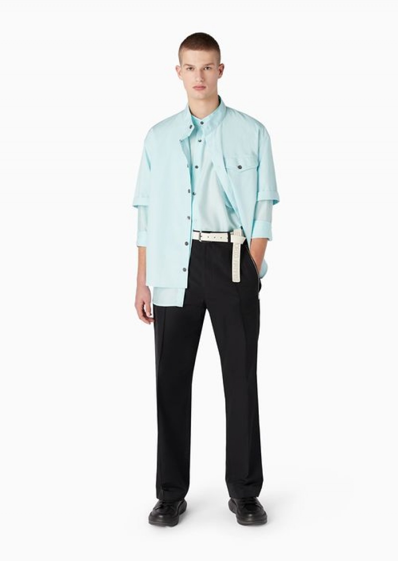 Azure Emporio Armani Pima Poplin Short-sleeved Shirt With Guru Collar | EA-SN57841