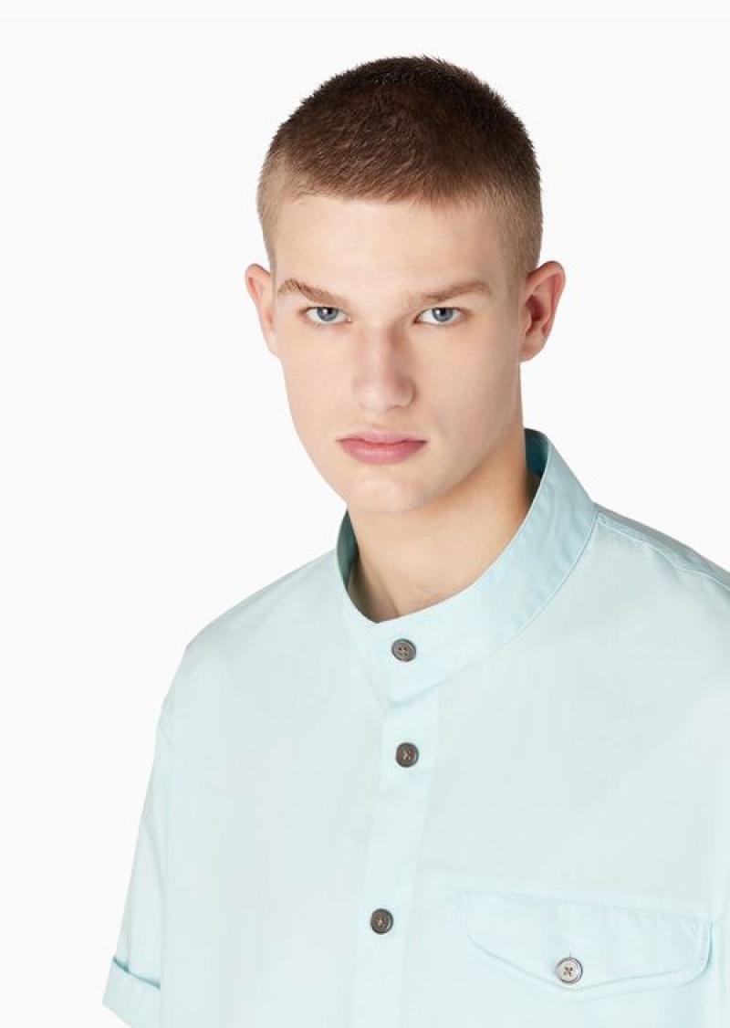 Azure Emporio Armani Pima Poplin Short-sleeved Shirt With Guru Collar | EA-SN57841