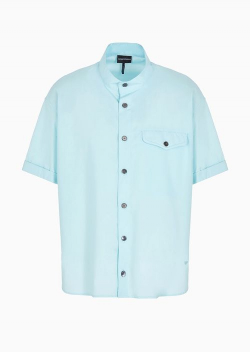 Azure Emporio Armani Pima Poplin Short-sleeved Shirt With Guru Collar | EA-SN57841