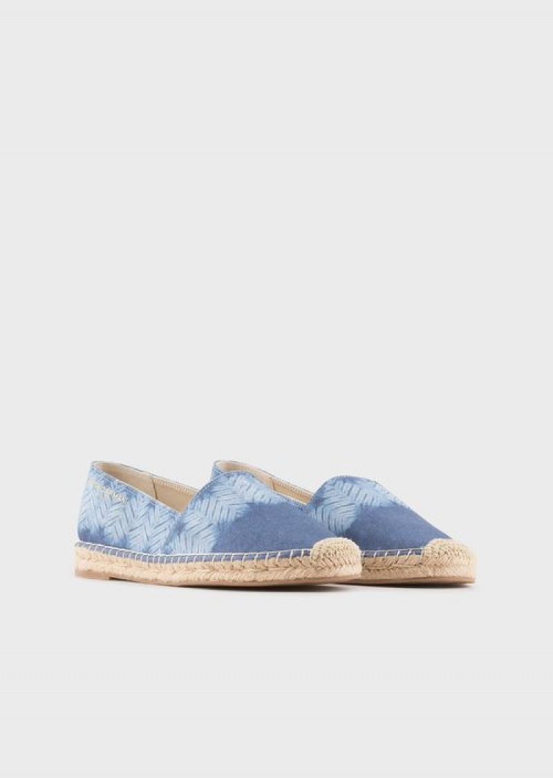 Azure Emporio Armani Printed Canvas Espadrilles | EA-SN57164