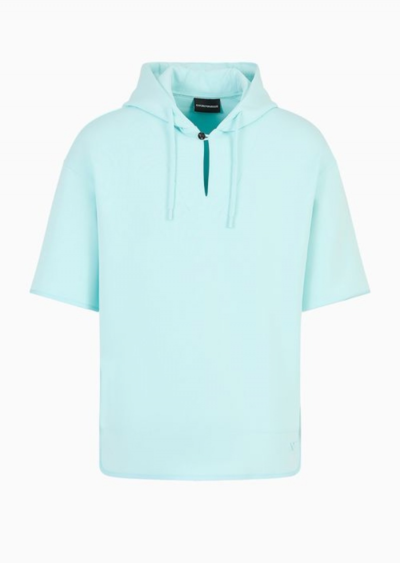 Azure Emporio Armani Short-sleeved Double-jersey Hooded Sweatshirt | EA-SN58515