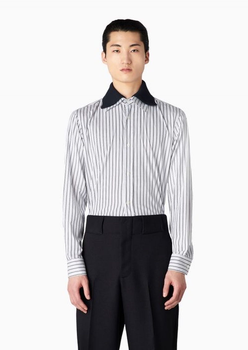 Azure Emporio Armani Striped Jacquard Shirt With Detachable Knit Collar | EA-SN57883