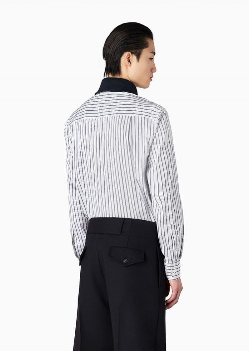 Azure Emporio Armani Striped Jacquard Shirt With Detachable Knit Collar | EA-SN57883