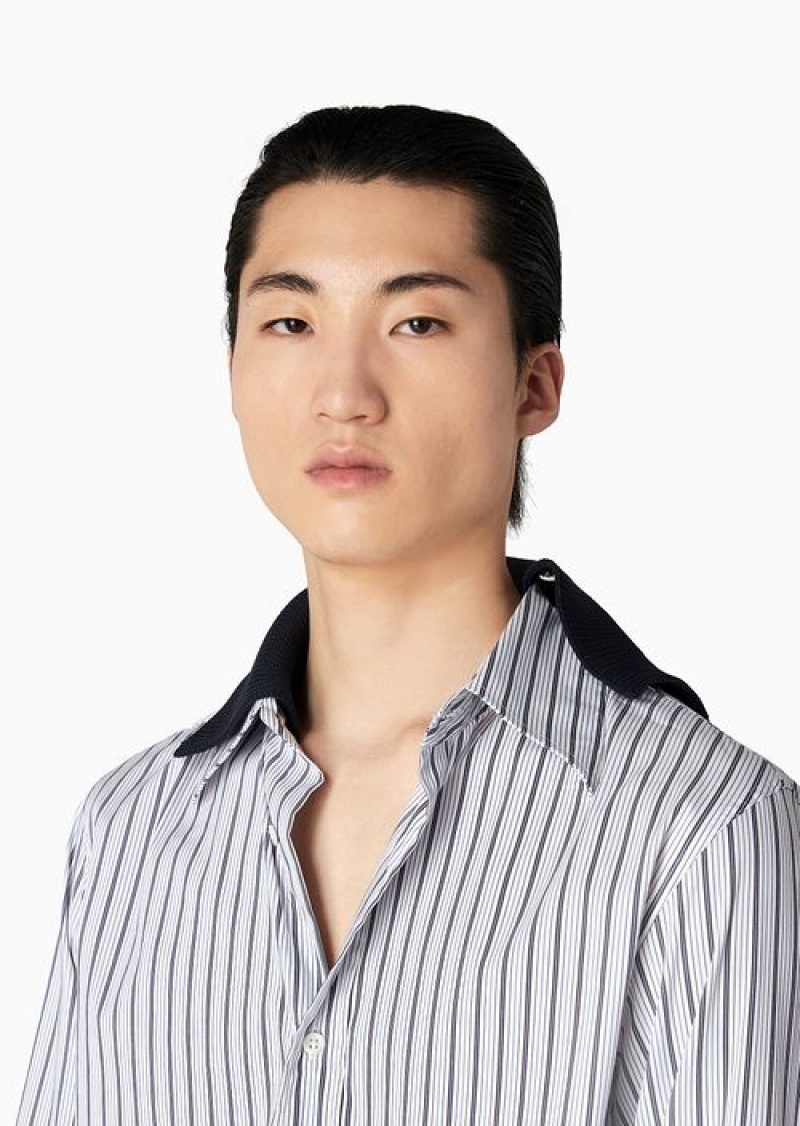 Azure Emporio Armani Striped Jacquard Shirt With Detachable Knit Collar | EA-SN57883