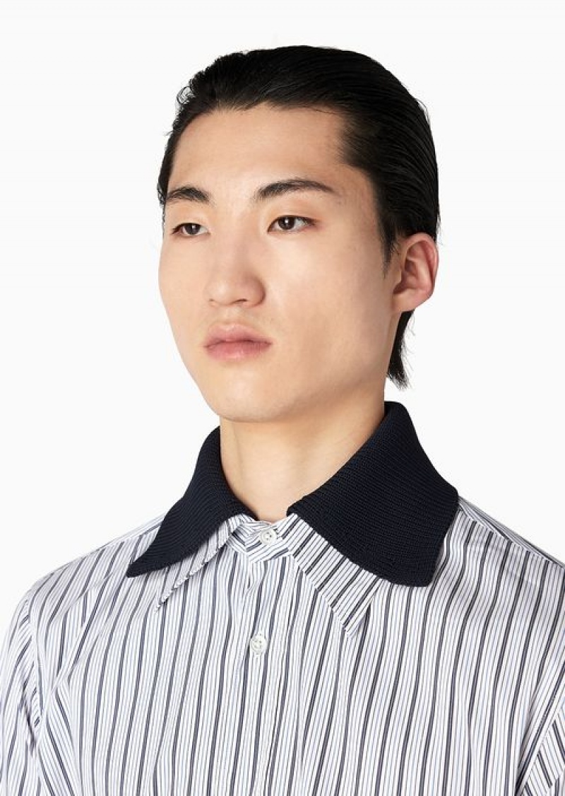 Azure Emporio Armani Striped Jacquard Shirt With Detachable Knit Collar | EA-SN57883