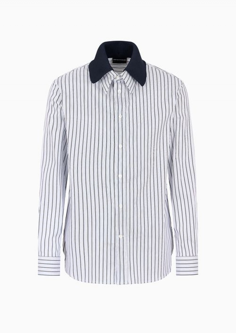 Azure Emporio Armani Striped Jacquard Shirt With Detachable Knit Collar | EA-SN57883