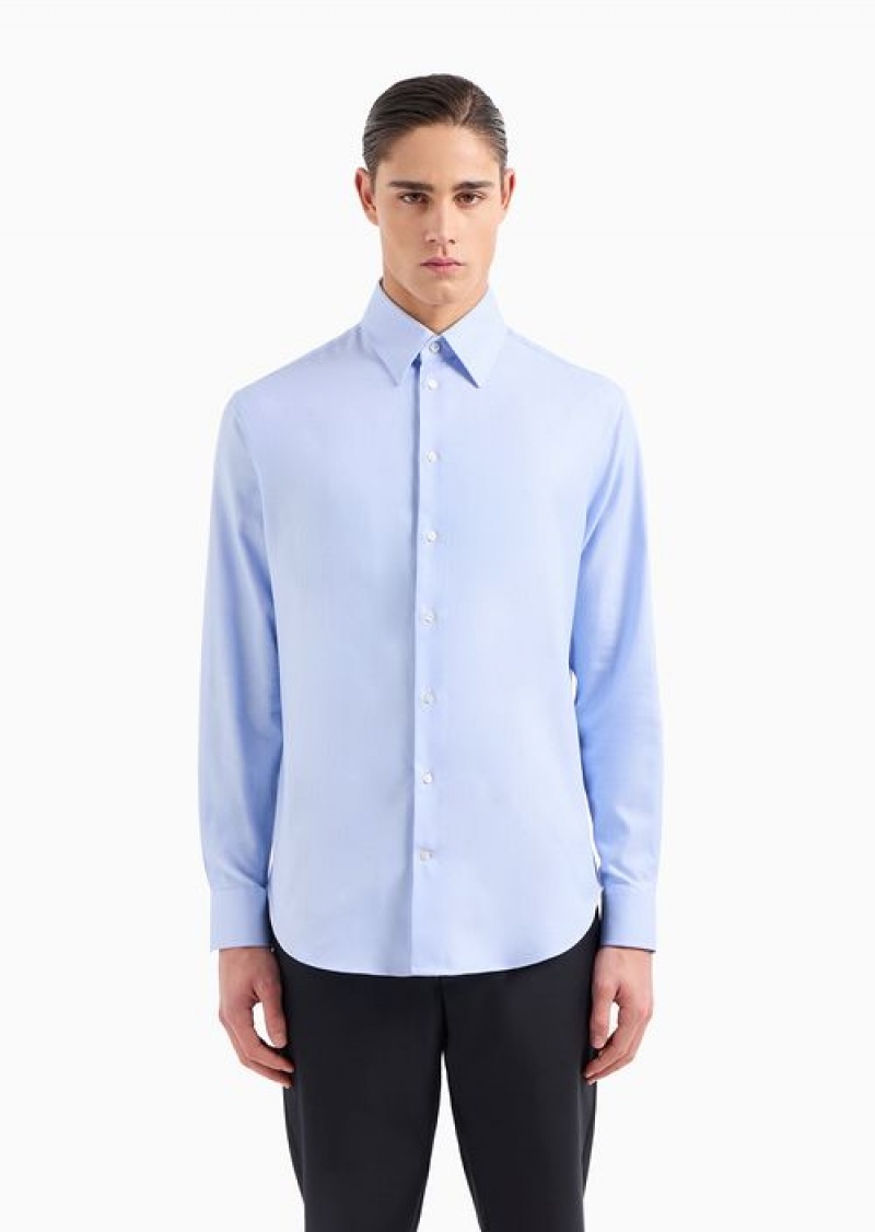 Azure Emporio Armani Textured Cotton Shirt With Micro Houndstooth Motif | EA-SN57894